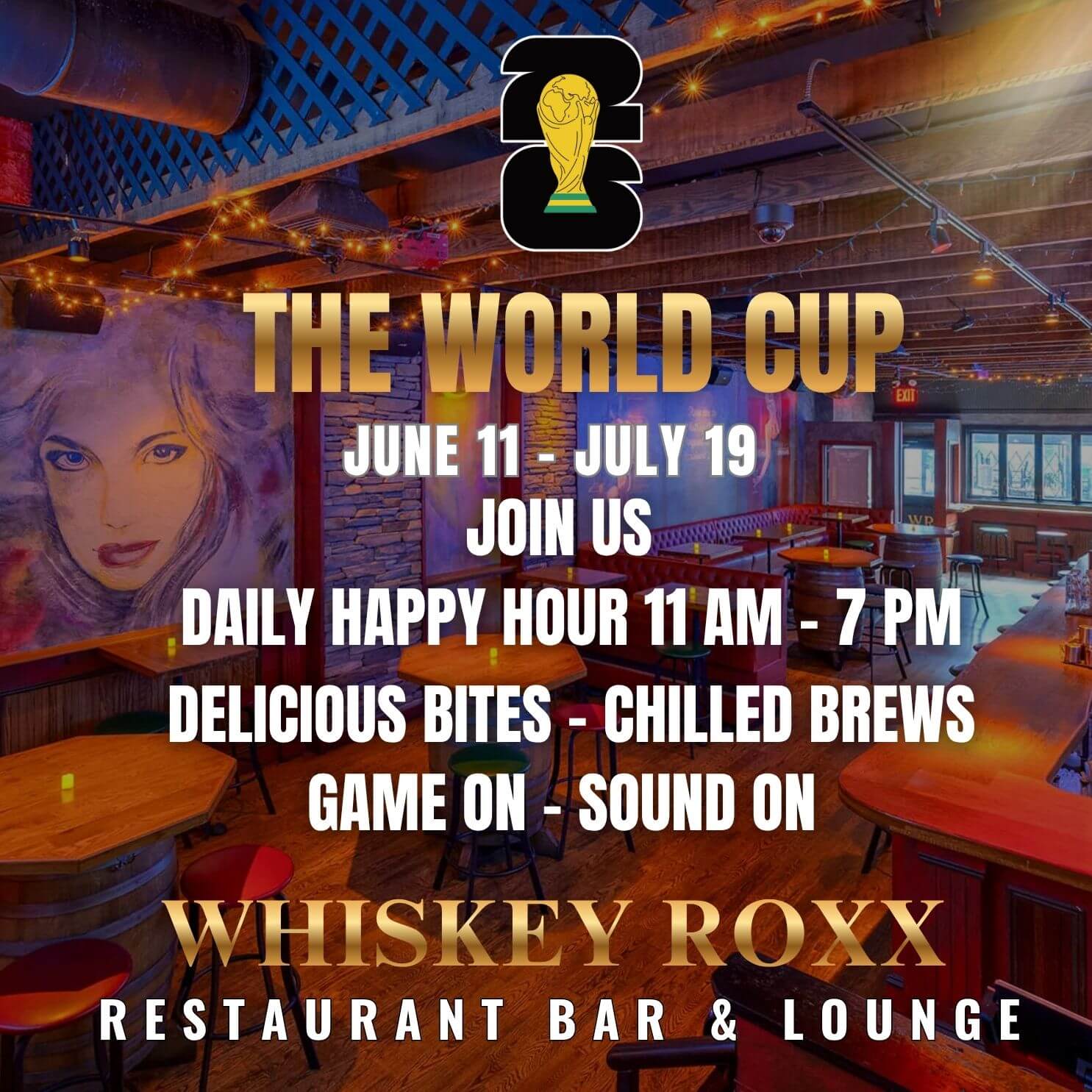 Interior of Whiskey Roxx bar with World Cup 2022 event details overlaid in bold text.
